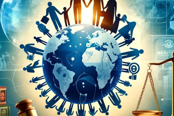 image representing international law and adoption, featuring global unity, family, and the legal framework surrounding international adoption.