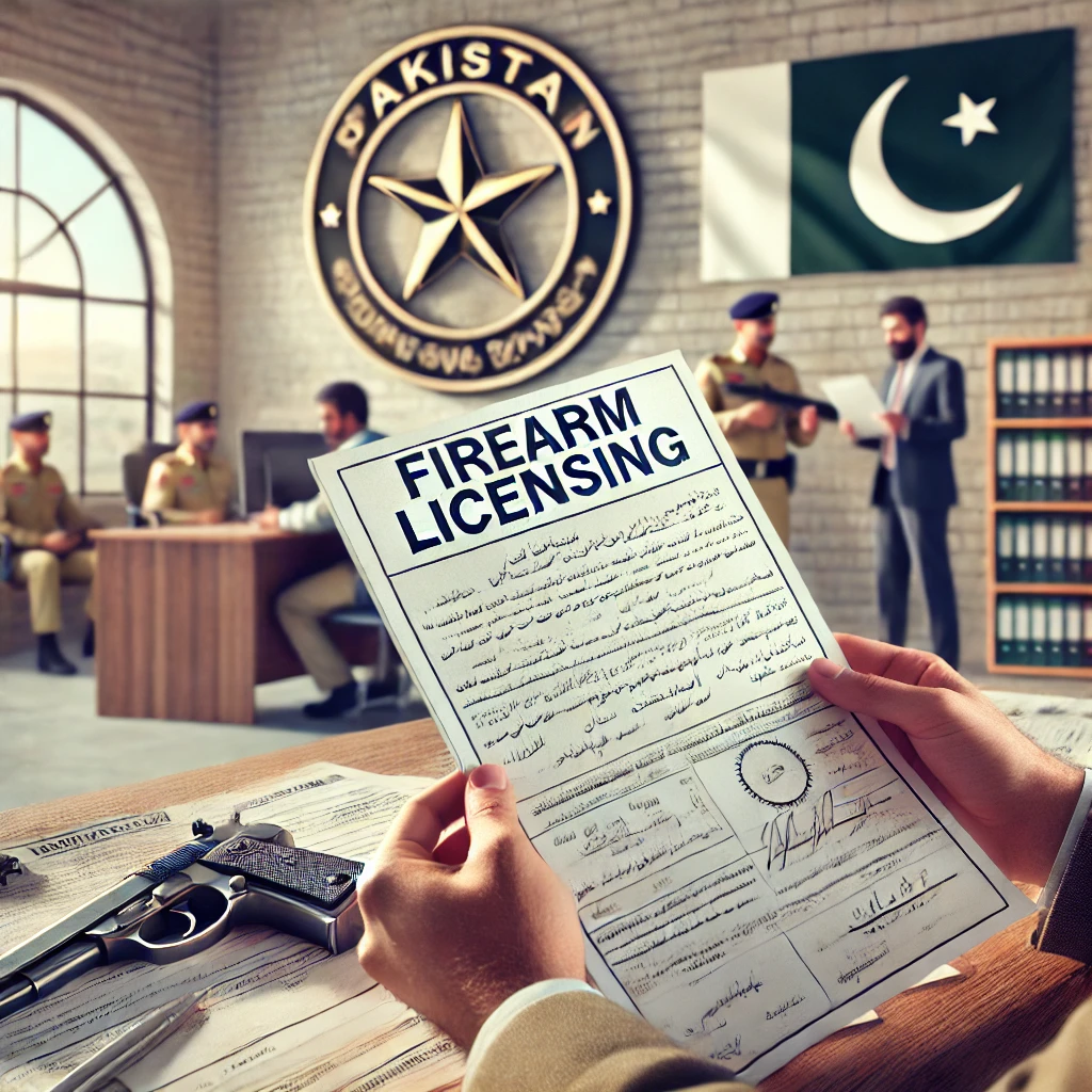 Pakistan Gun Ownership Rules 2024," emphasizing the legal process in a modern licensing office.