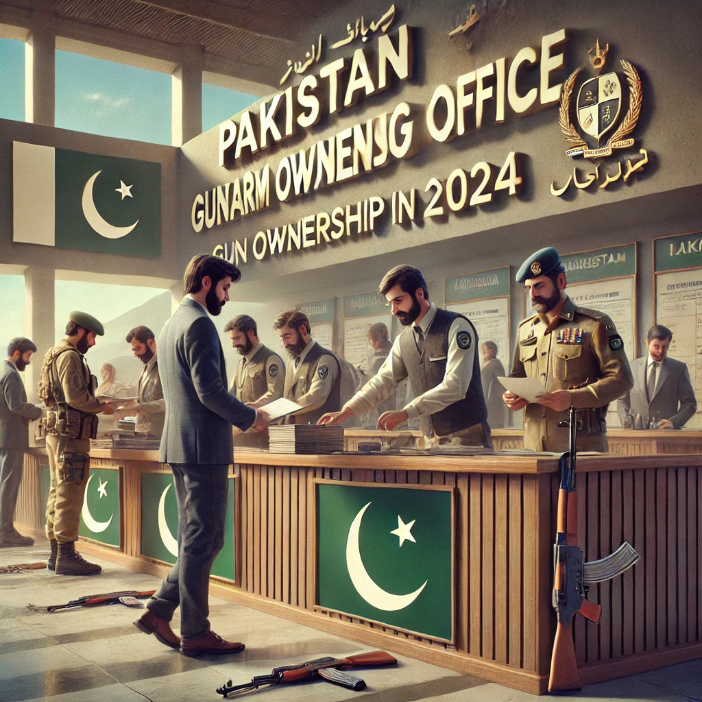 Pakistan Gun Ownership Rules 2024," depicting the licensing process in a legal