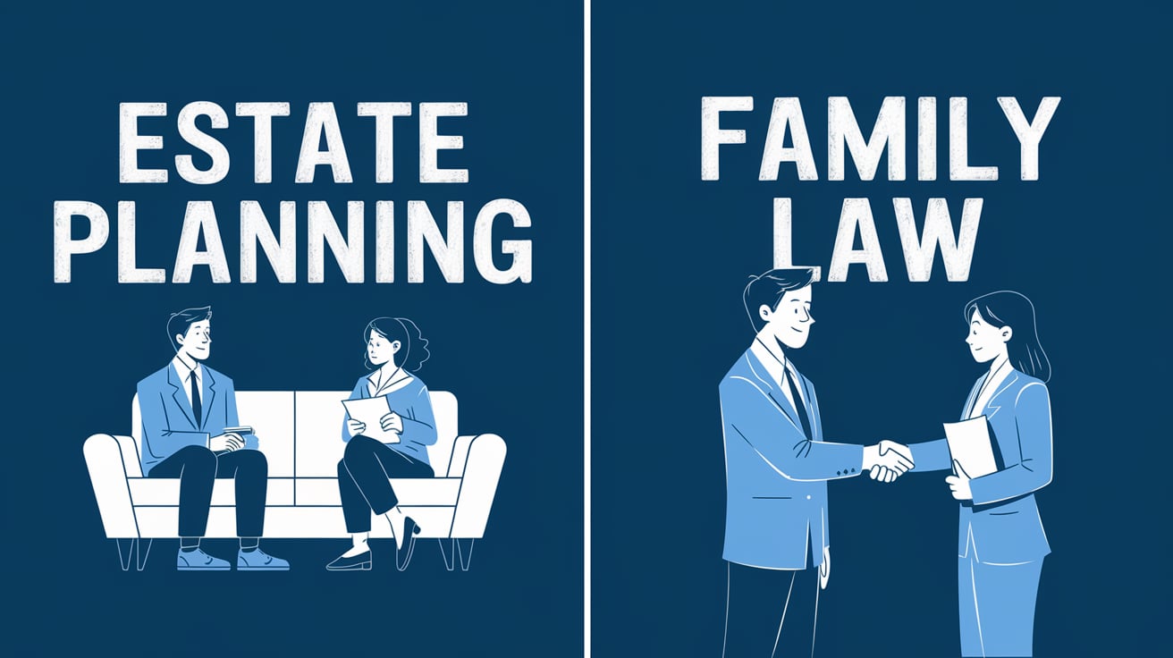 Comparison between Estate Planning and Family Law: Estate planning focuses on preparing for the management and distribution of an individual's assets after death, including wills, trusts, and powers of attorney